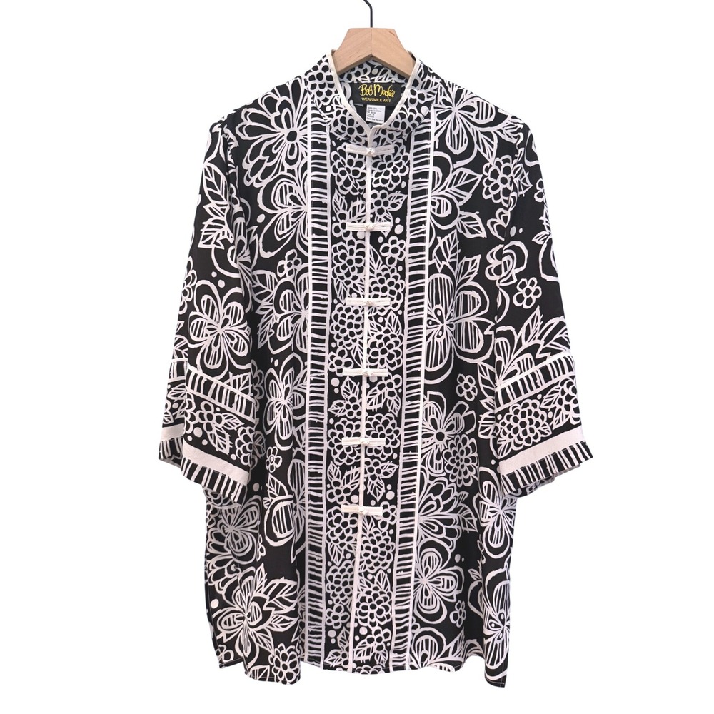 Bob Mackie Wearable Art Womens Silk Tunic Top Black White Floral Frog Button M
